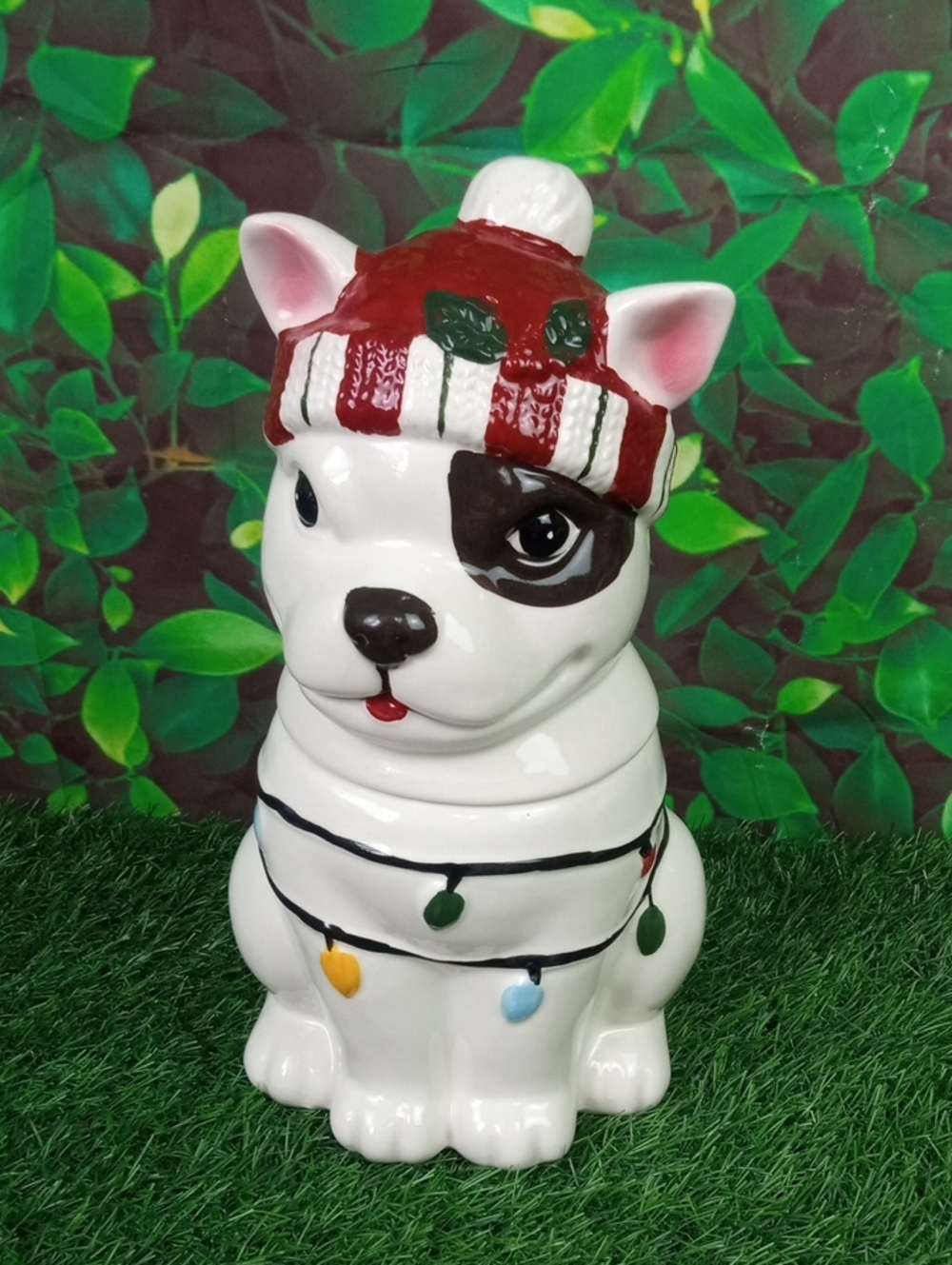 🎁 Festive White Ceramic Dog Cookie Jar with Red Hat